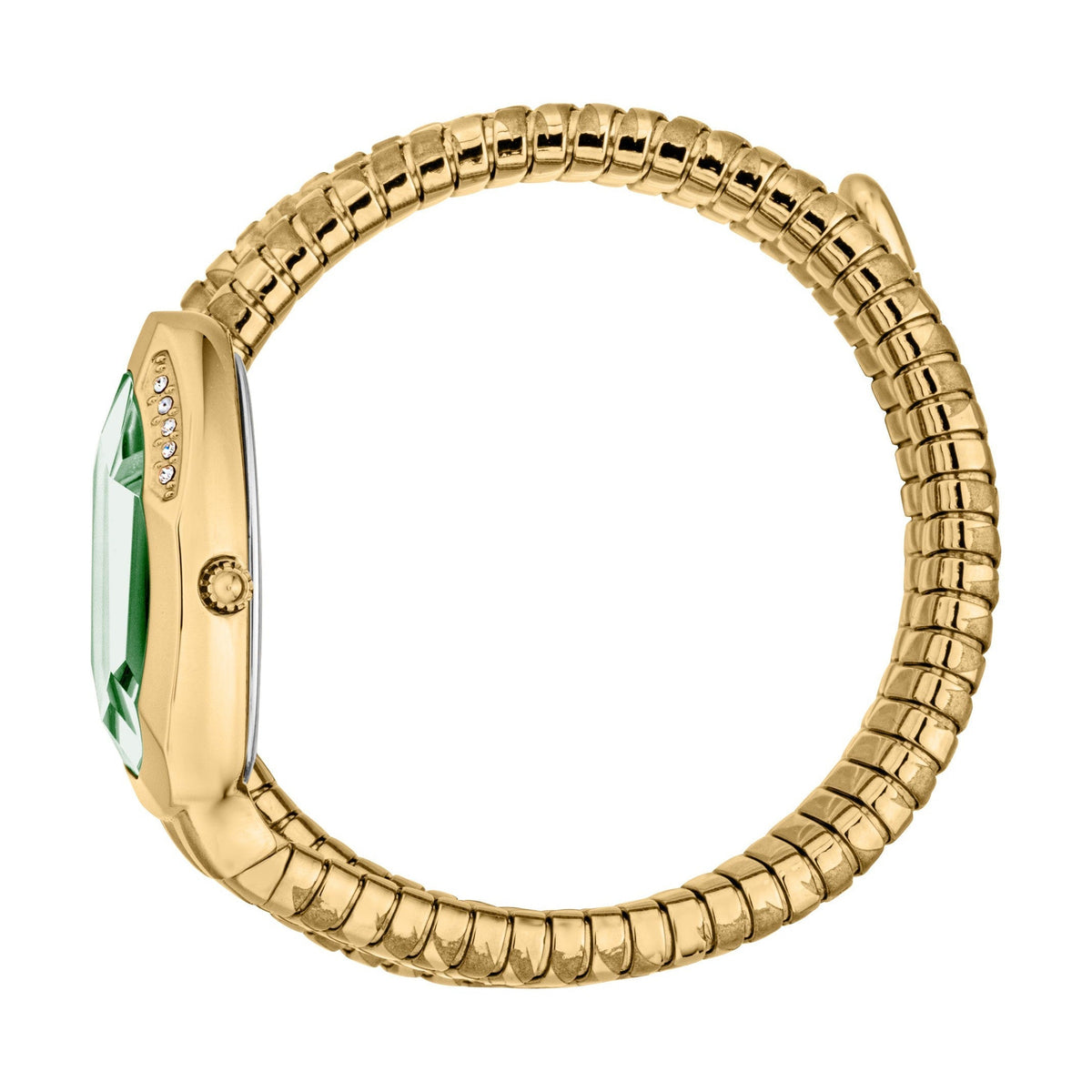 Side view of Just Cavalli Taglio watch with gold steel serpentine strap and green dial