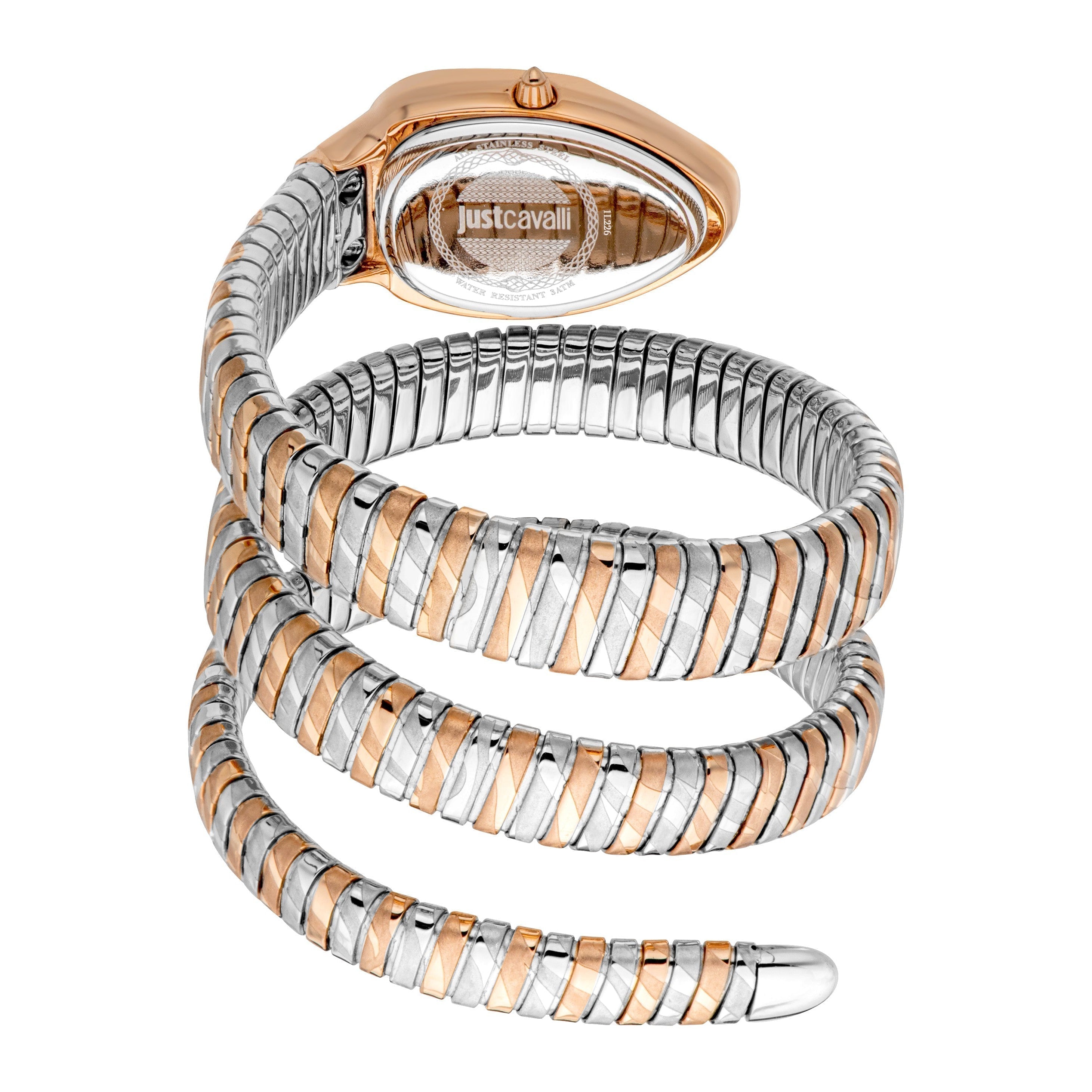 Flexible two-tone rose gold and silver serpent-style strap detail