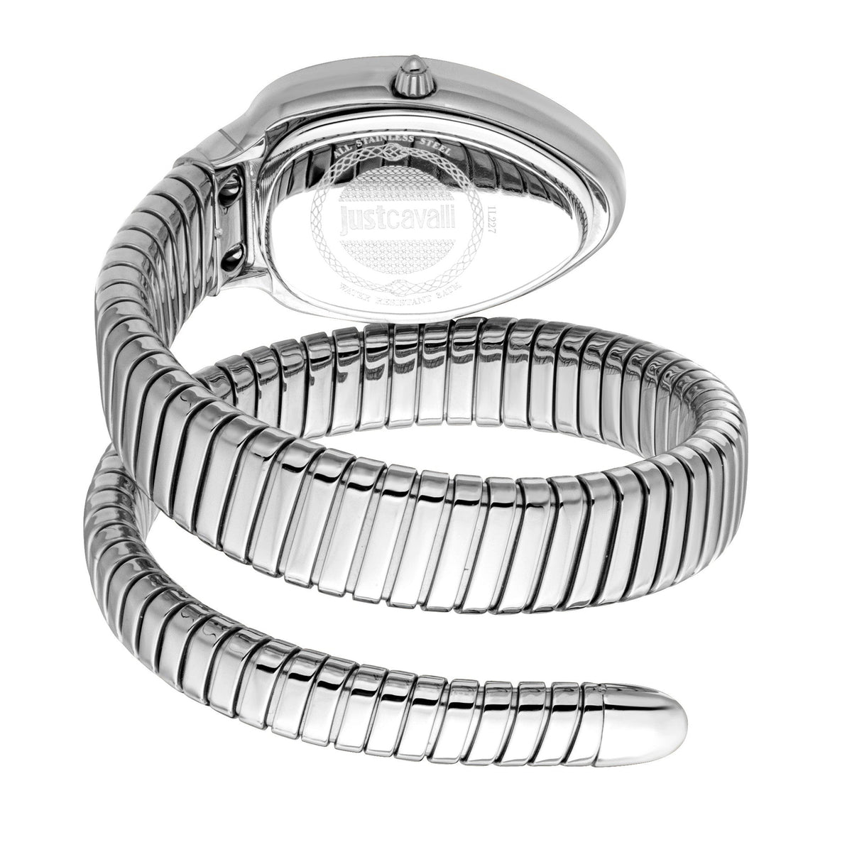 Just Cavalli Serpente watch caseback and coiled bracelet detail showing metal construction