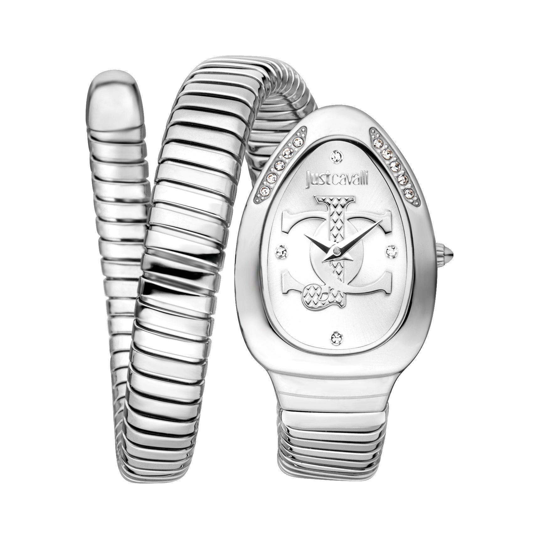 Just Cavalli Serpente Logo women's watch with oval white dial, serpent design, and coiled metal bracelet