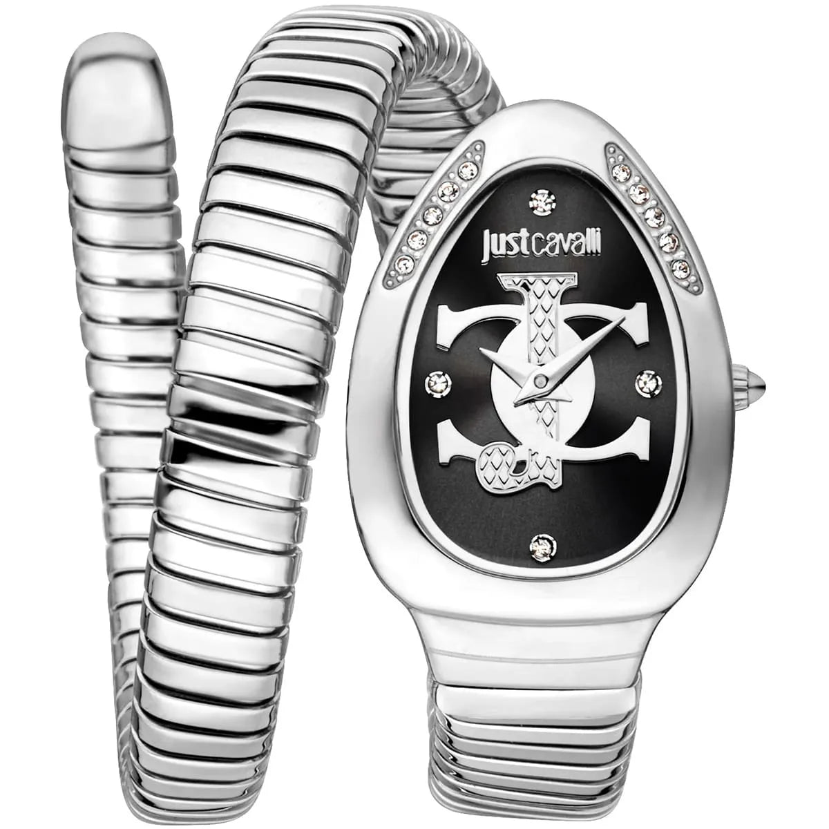Just Cavalli Serpente Logo women's watch with black dial, JC logo, silver stainless steel snake-wrap bracelet