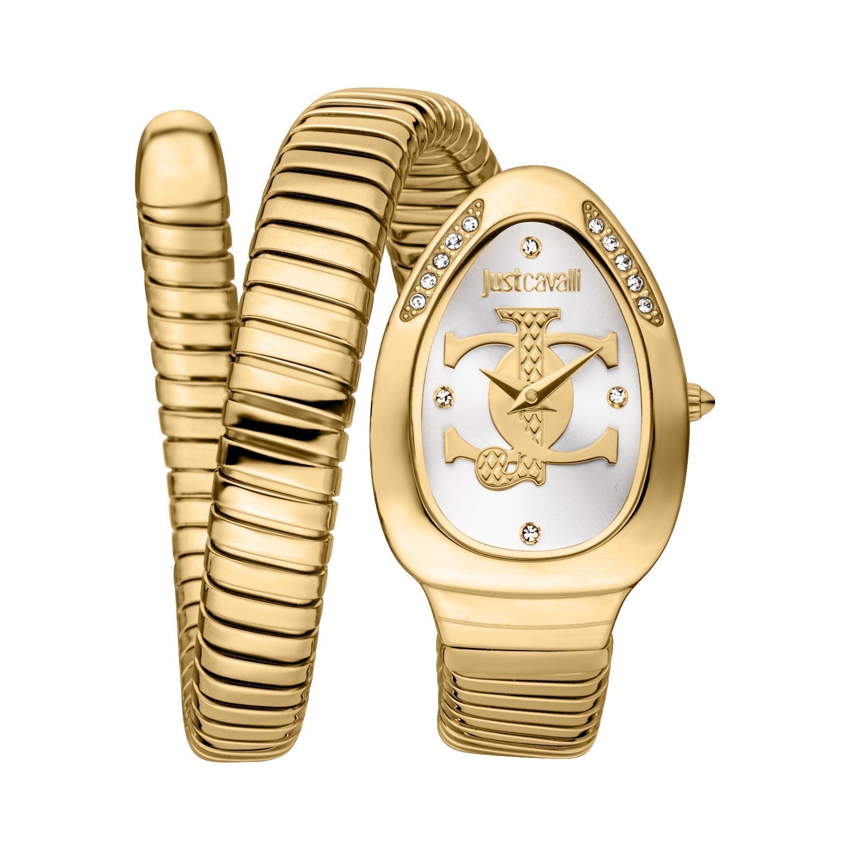 Just Cavalli Serpente Logo gold women's watch with wrap snake strap and white dial