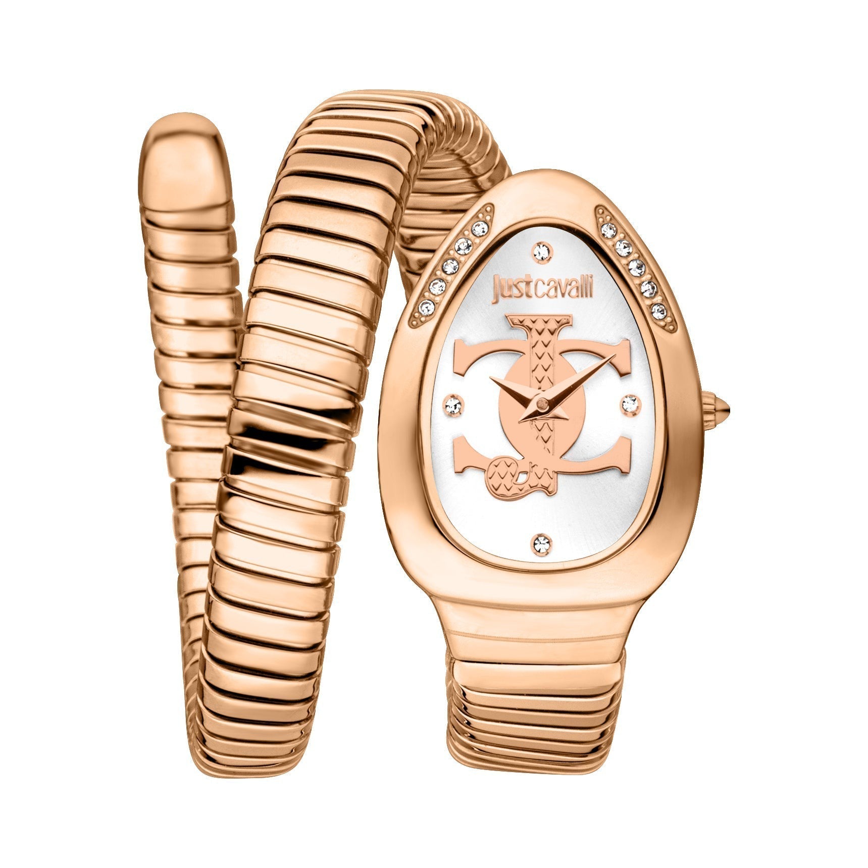 Just Cavalli rose gold women's watch with oval dial and coiled snake bracelet strap