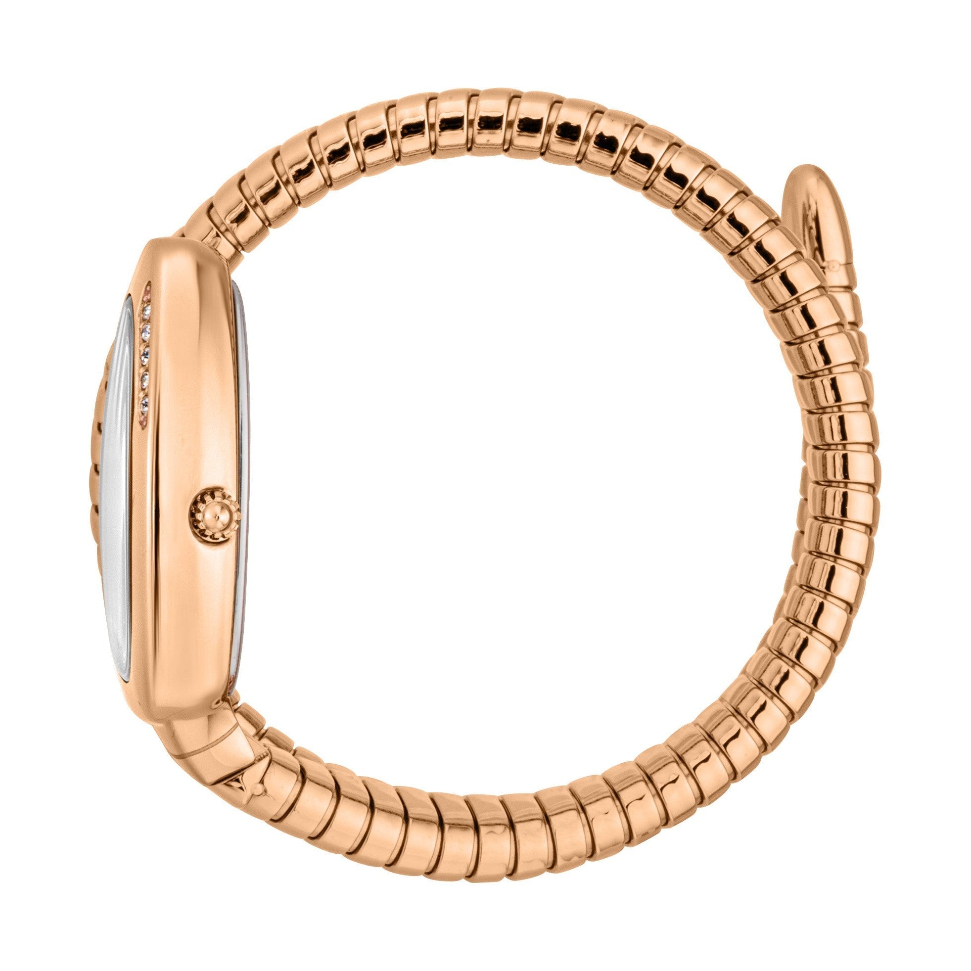 Side profile of rose gold watch on wrist showing expandable snake bracelet strap