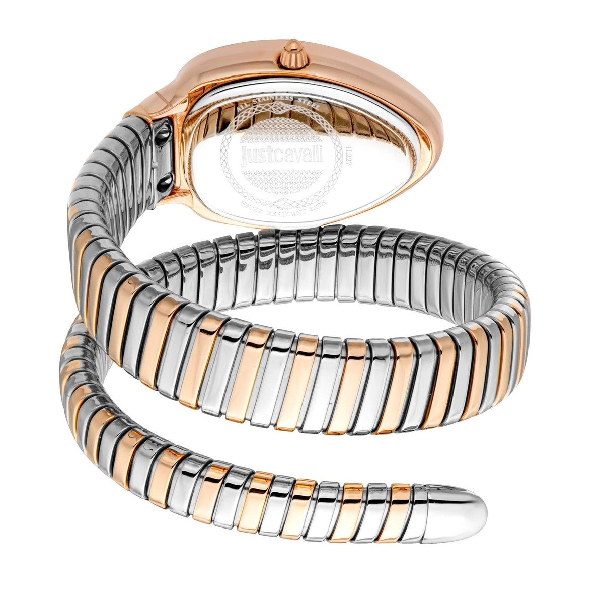 Caseback and strap detail of Just Cavalli watch showing snake coil expandable band wrapped design