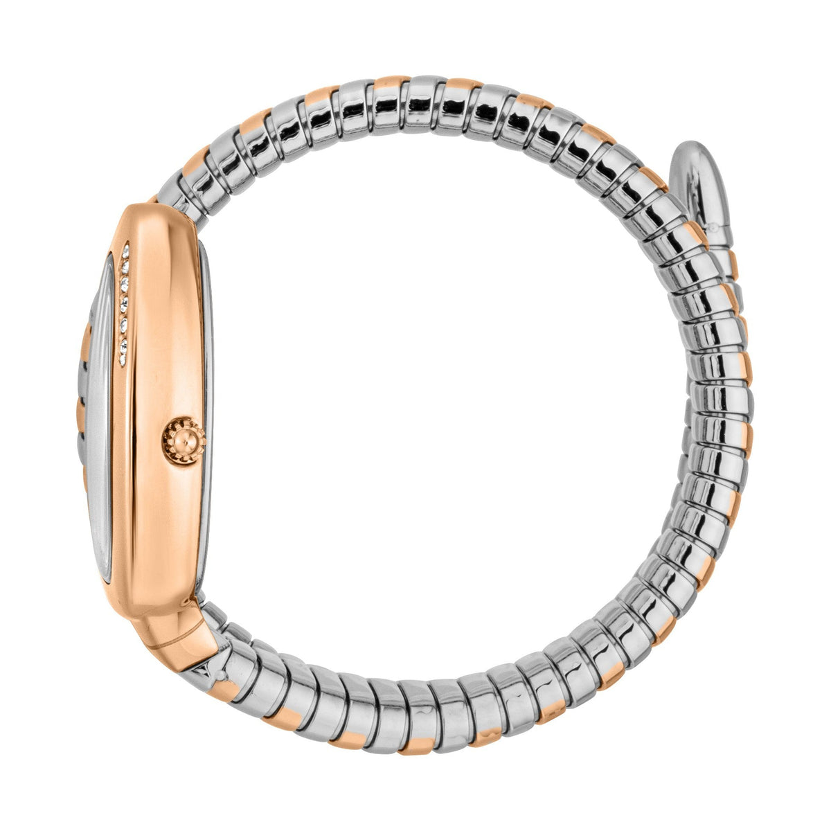 Snake coil expandable strap on wrist with rose gold and silver two-tone design and oval case
