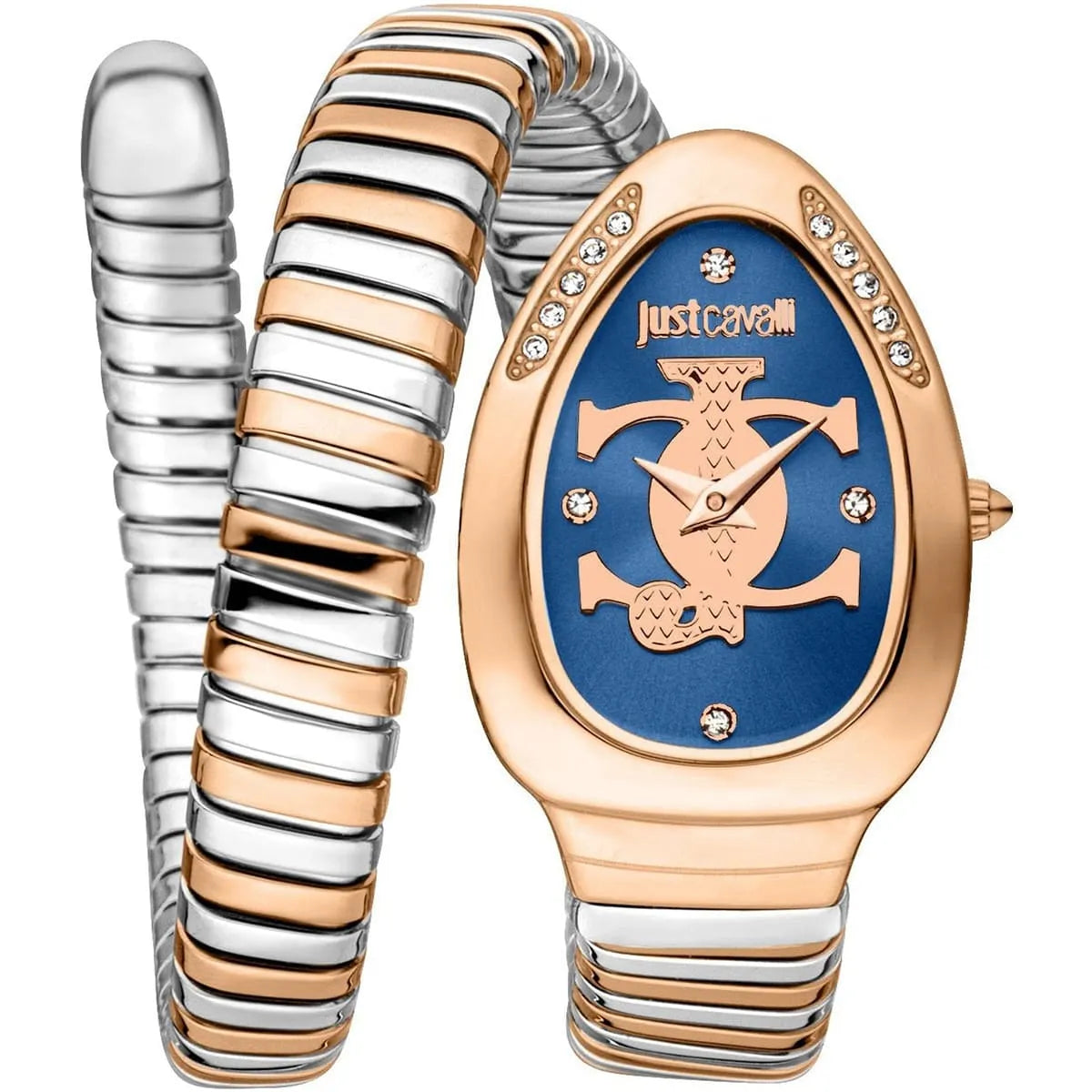 Just Cavalli Serpente women's watch with blue dial, rose gold case, and two-tone snake wrap bracelet