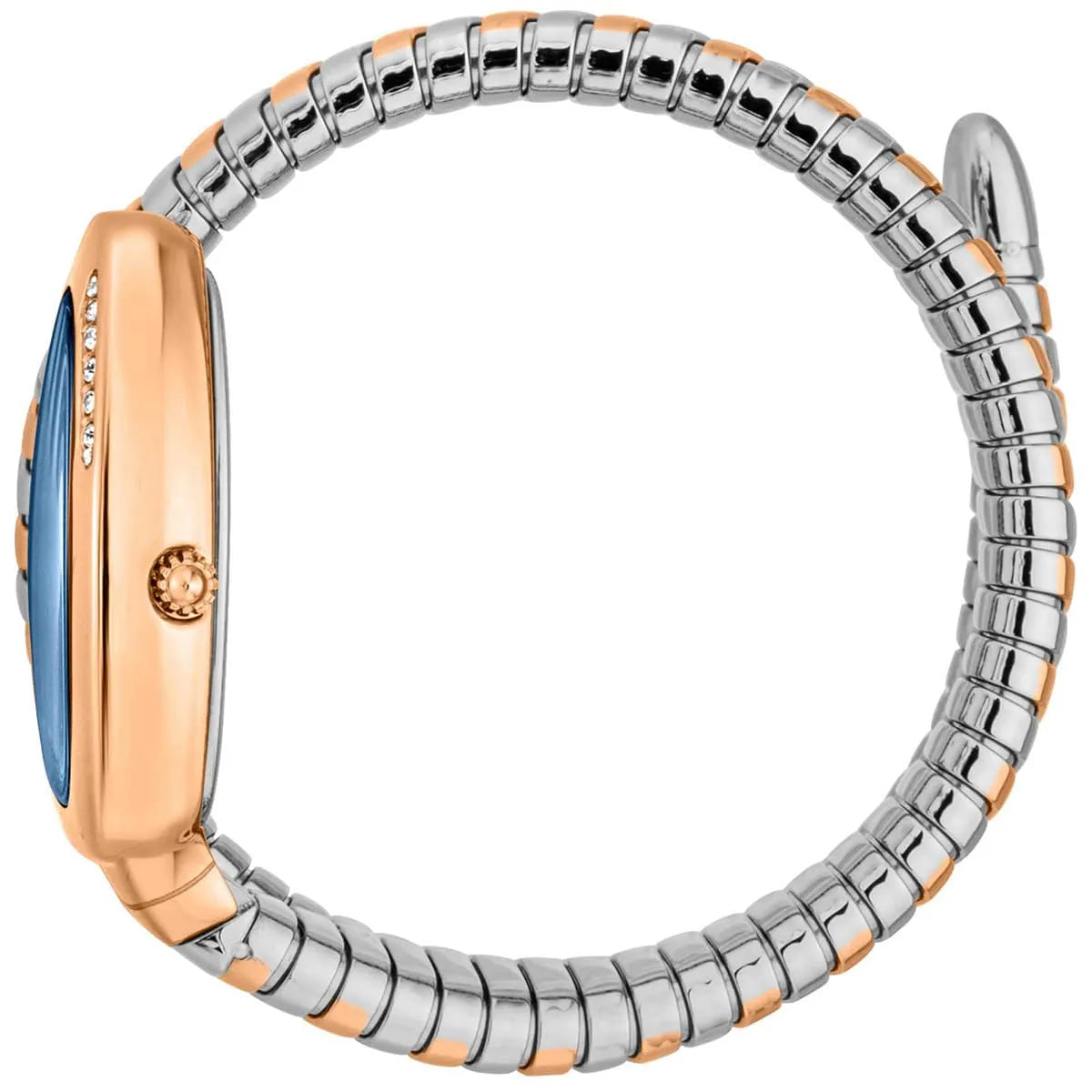 Two-tone rose gold and silver segmented snake wrap bracelet with alternating tone links