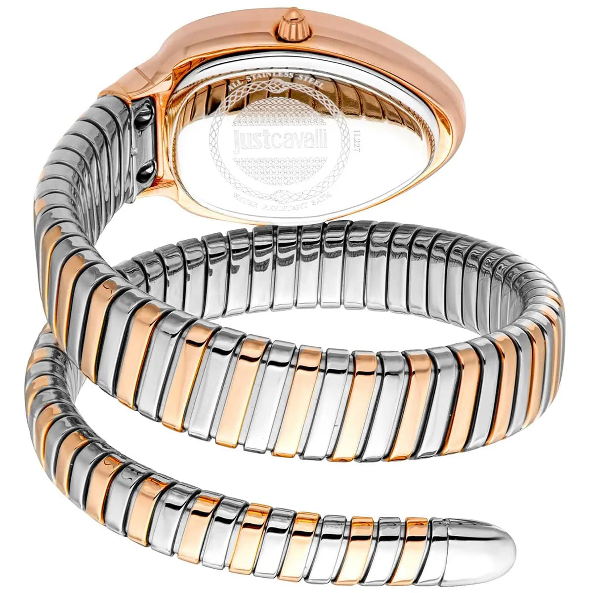 Two-tone rose gold and silver snake wrap bracelet with integrated watch case and crystal accents