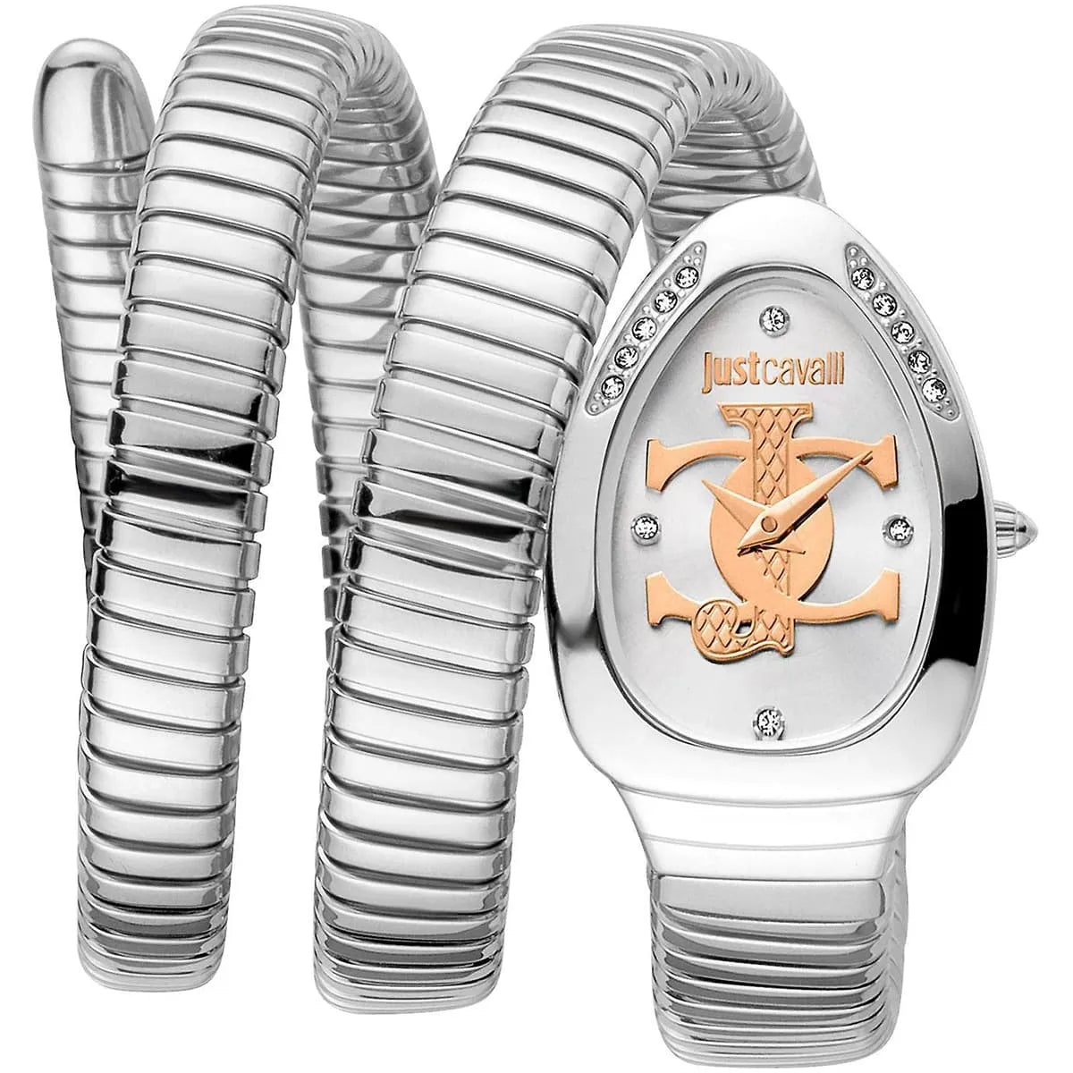 Just Cavalli Glam Chic women's watch with silver dial, orange JC logo, stainless steel snake wrap strap