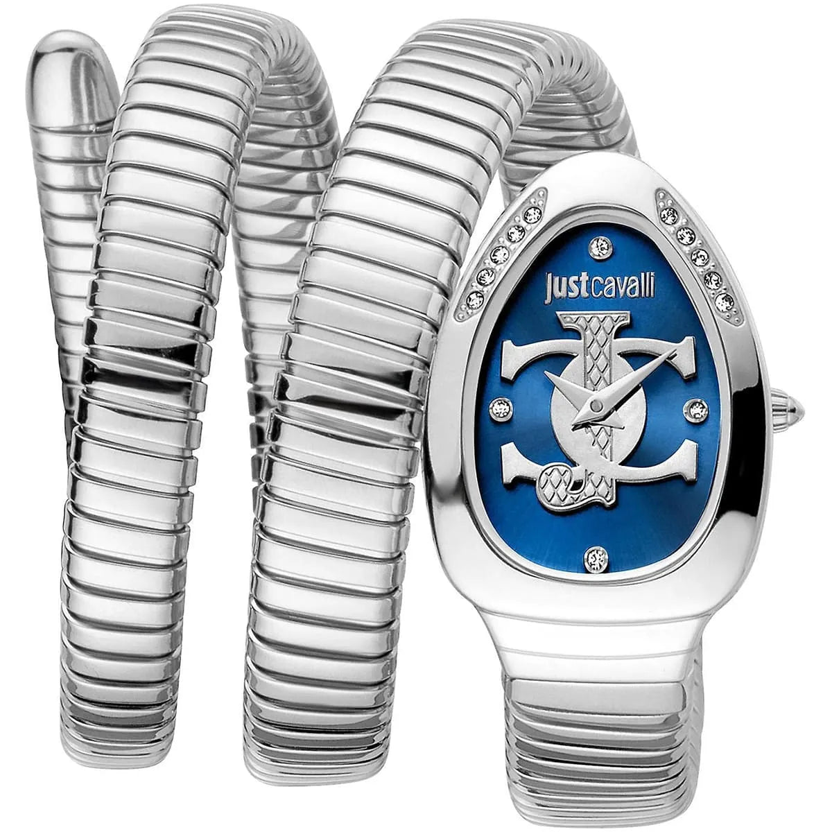 Just Cavalli Glam Chic women's watch with blue dial, silver stainless steel triple-wrap snake strap, and JC logo