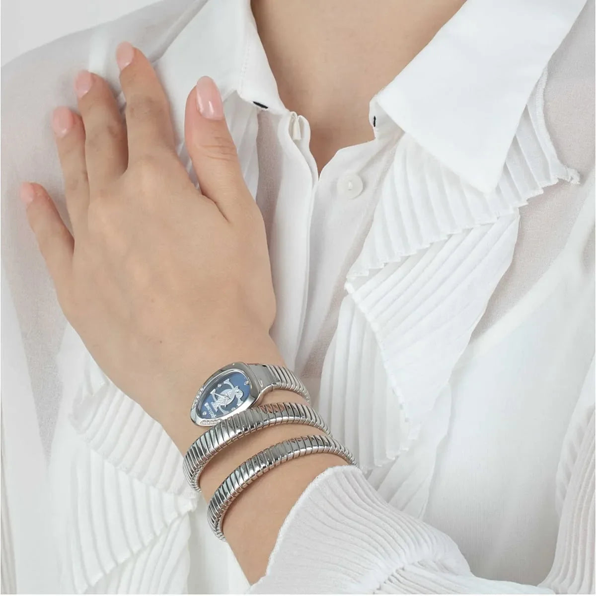 Just Cavalli Glam Chic watch on wrist showing triple-wrap snake strap styling