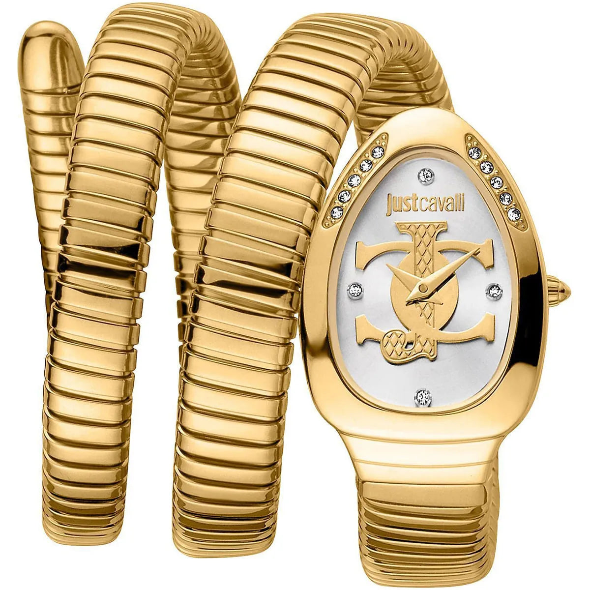 Just Cavalli Glam Chic gold stainless steel watch with triple-wrap snake strap and silver dial