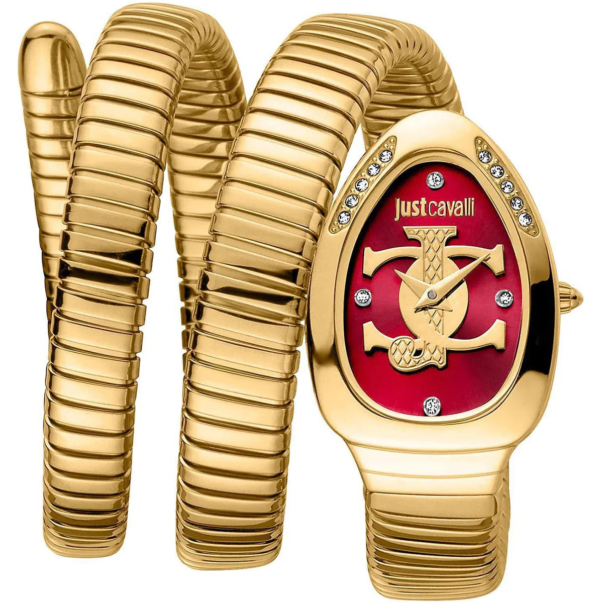 Just Cavalli Glam Evo 5 Red Dial Gold Steel Strap Women's Watch - JC1L228M0045