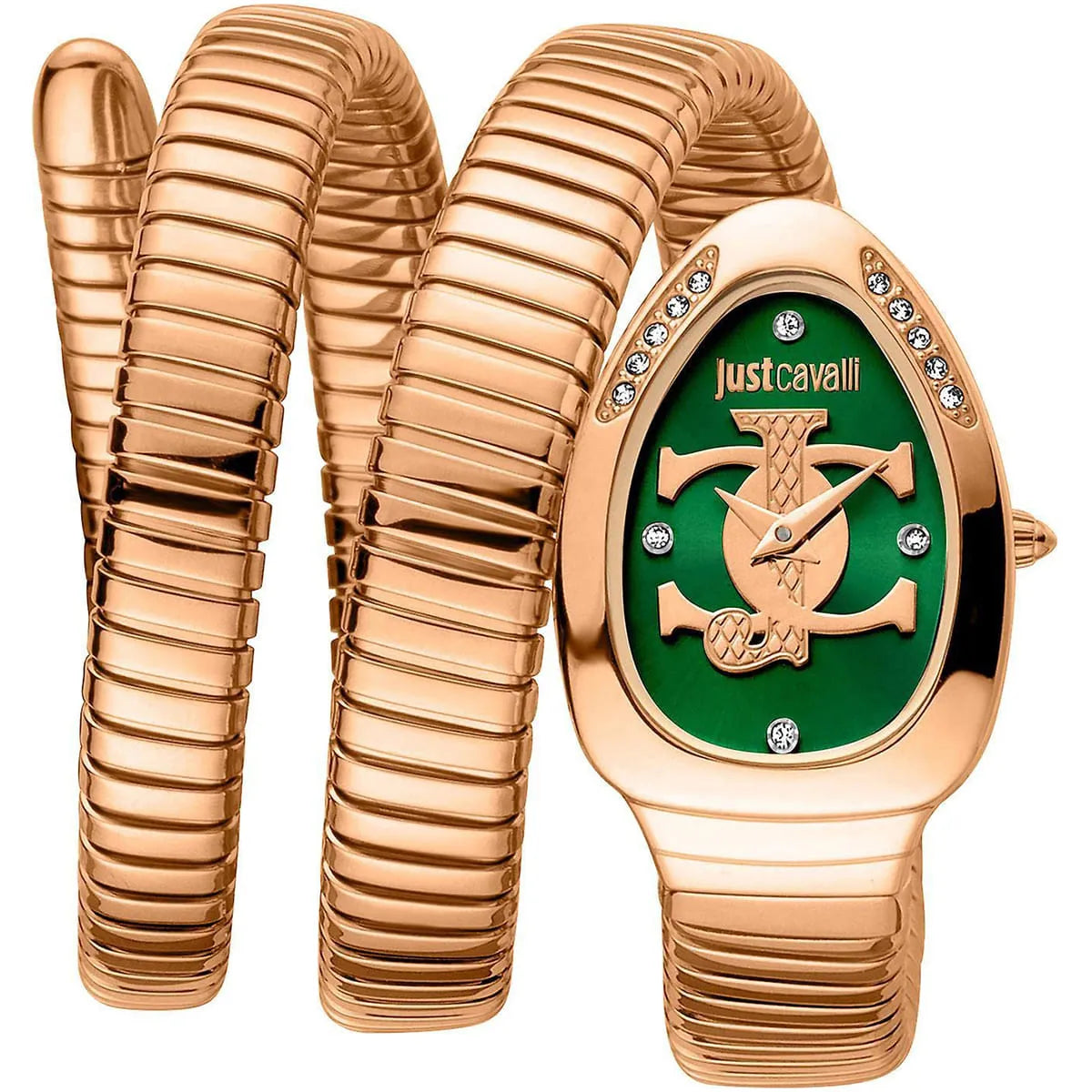 Just Cavalli Snake watch with green dial, rose gold case, and rose gold snake strap