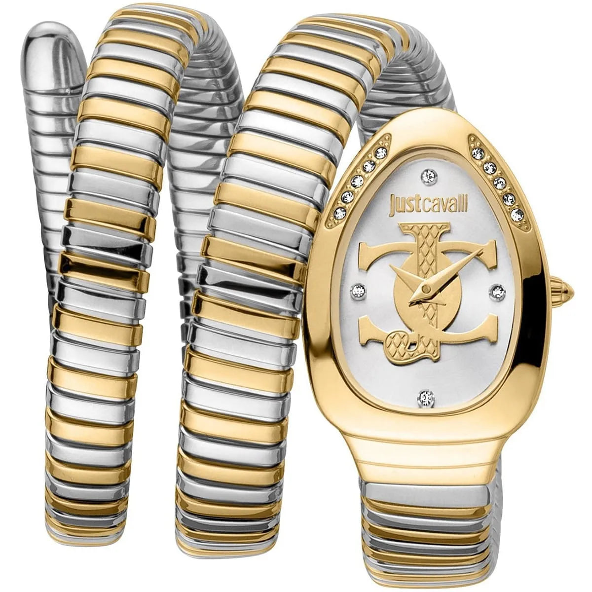 Just Cavalli Glam Evo 5 women's watch with two-tone gold and silver snake strap and silver dial
