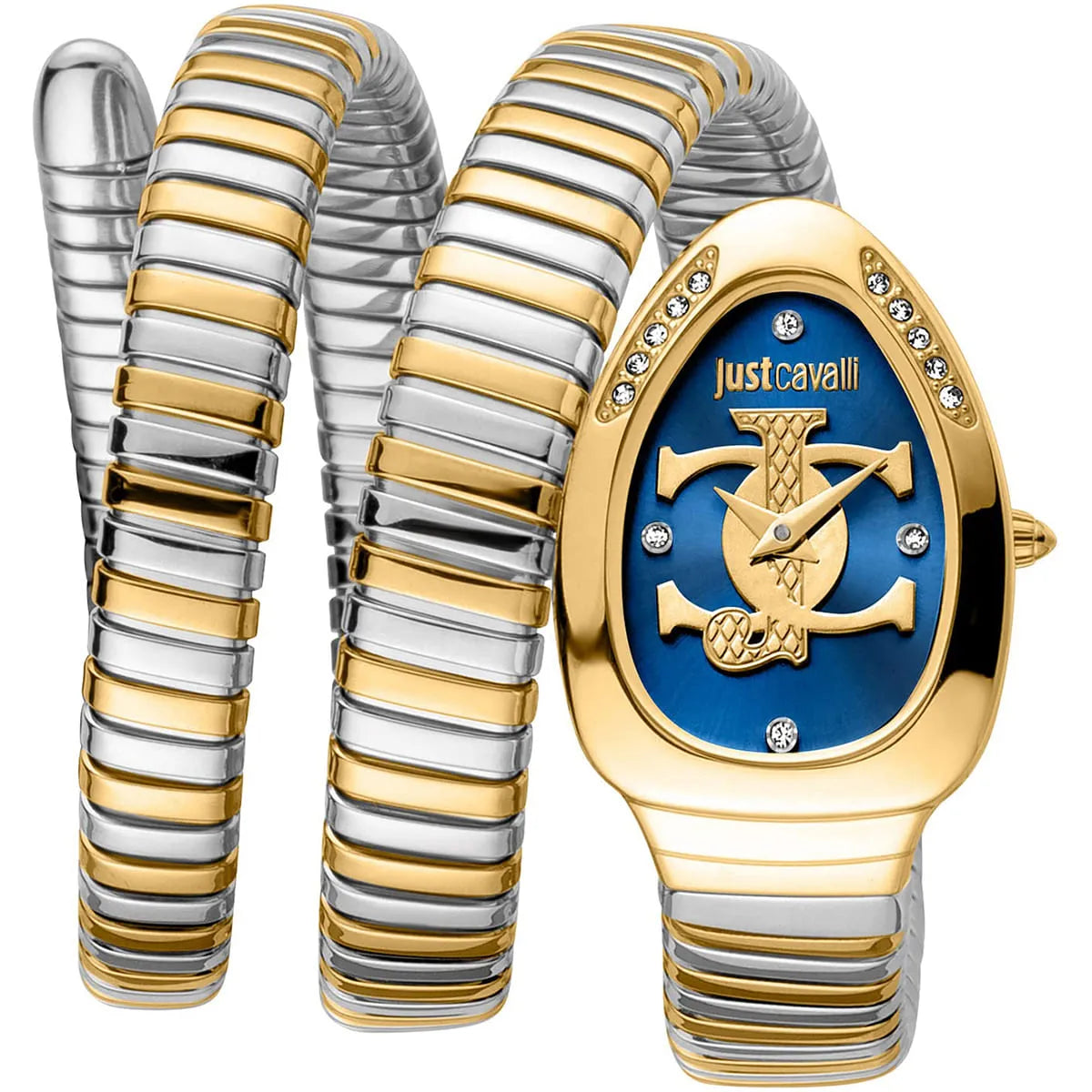 Just Cavalli Glam Evo 5 women's watch with blue dial, two-tone steel triple-wrap snake strap, and gold JC logo