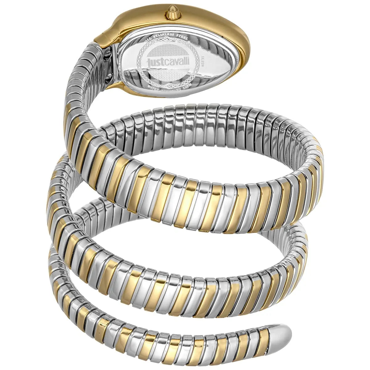 Two-tone silver and gold triple-wrap snake steel bracelet with white strap detail