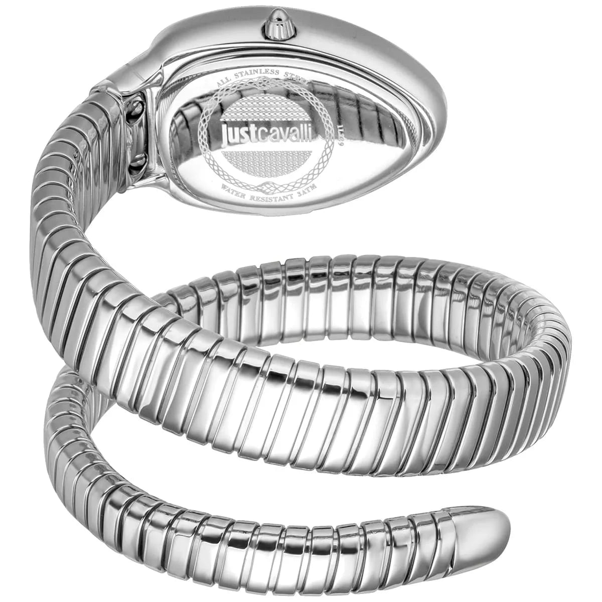 Just Cavalli snake-design watch shown from angled view with double-wrap bracelet strap