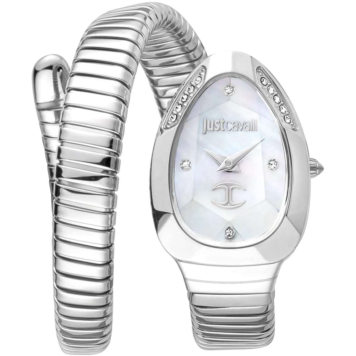 Just Cavalli silver women's watch with white mother-of-pearl dial, crystal hour markers, and snake-design stainless steel bracelet
