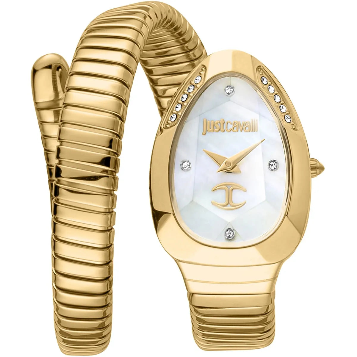 Just Cavalli women's snake watch with gold stainless steel double-wrap strap and silver mother-of-pearl dial with crystals