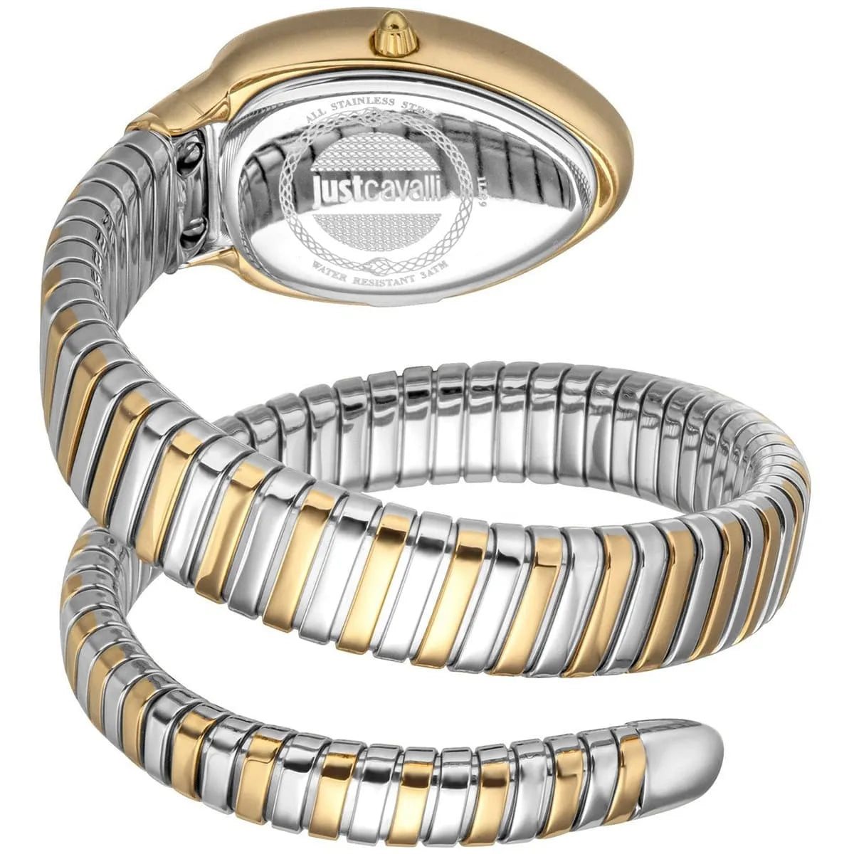 Just Cavalli Glam Evo 4 Family watch displayed from angle showing oval white dial and snake bracelet details