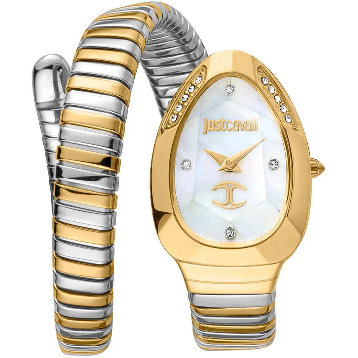 Just Cavalli Glam Evo 4 Family white dial ladies watch with two-tone gold and silver snake bracelet