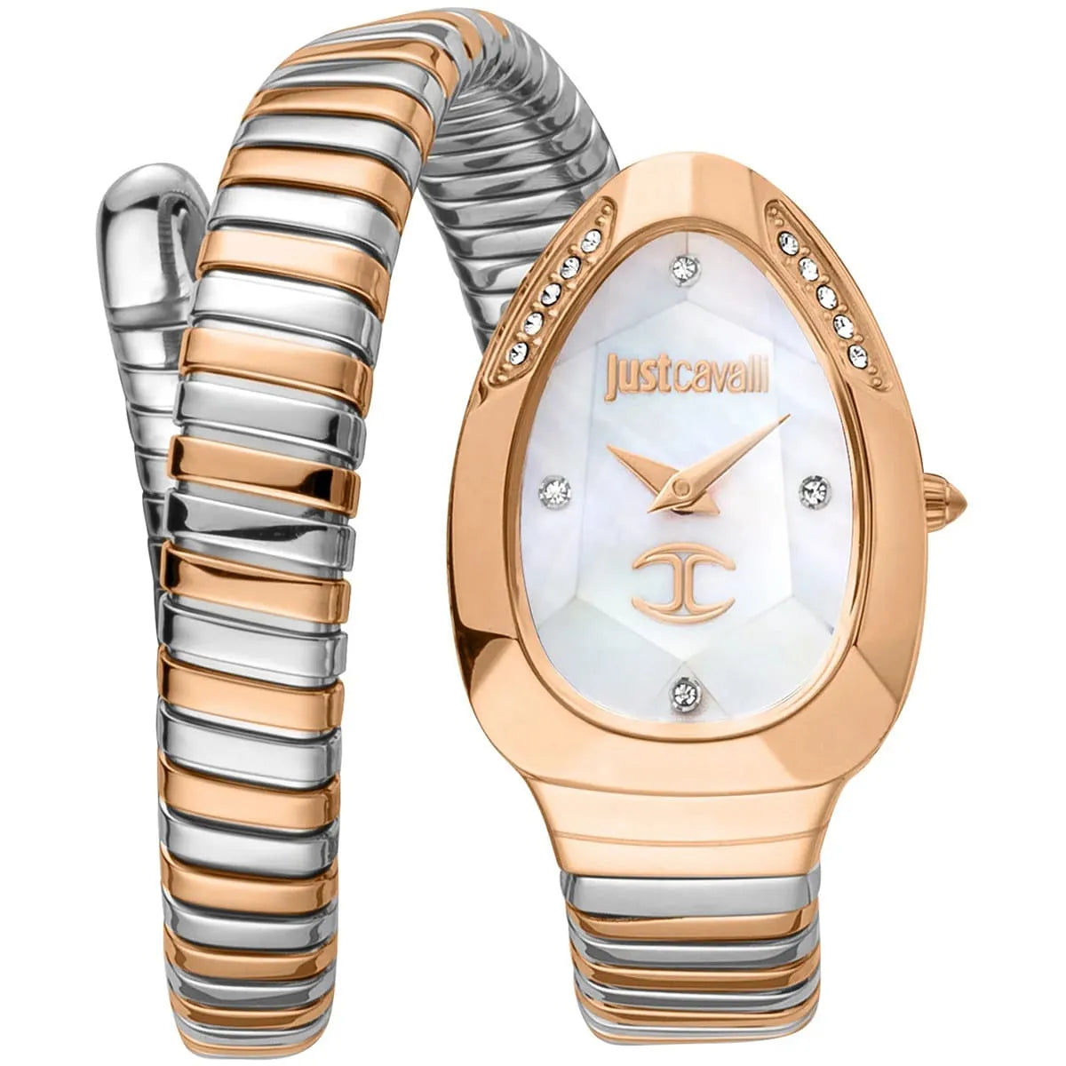 Just Cavalli Glam Evo 4 women's watch with white dial, two-tone rose gold and steel strap, crystal bezel