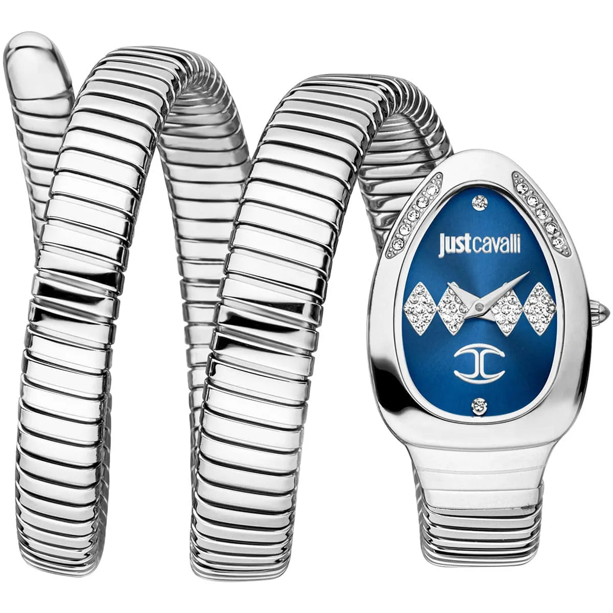 Just Cavalli Vezzoso women's watch with blue dial, silver snake stainless steel strap, and crystal hour markers