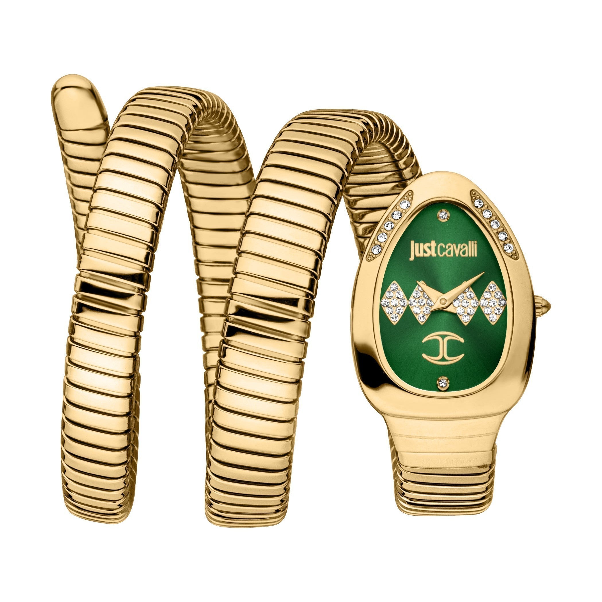 Just Cavalli green dial women's watch with gold serpent bracelet and diamond details