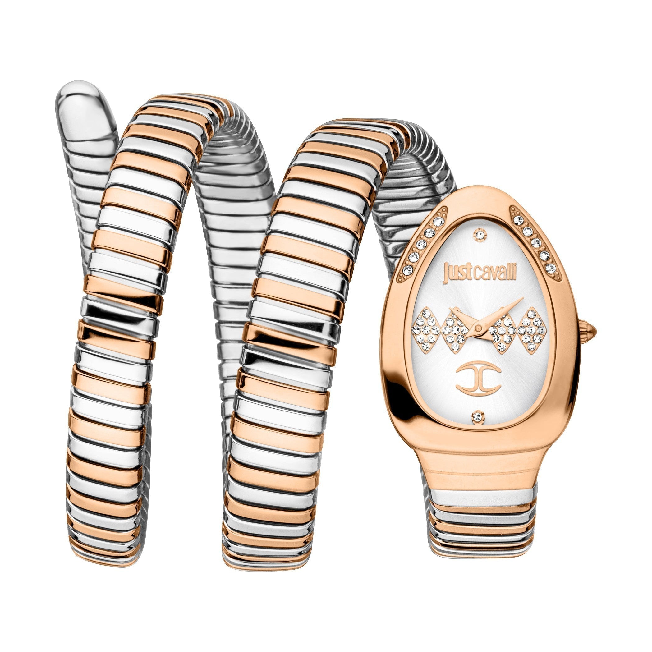Just Cavalli women's watch with rose gold case, silver dial, and two-tone spiral bracelet