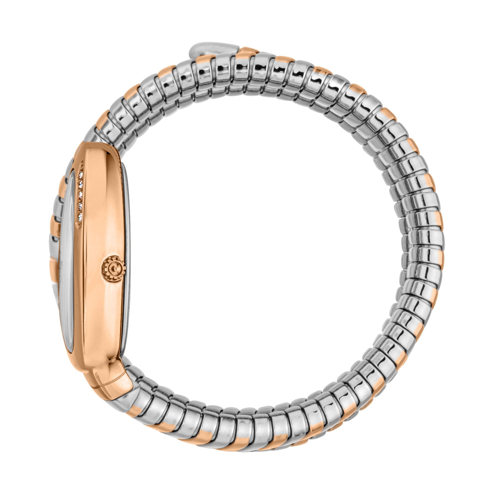 Side view of Just Cavalli watch showing rose gold case and two-tone spiral bracelet