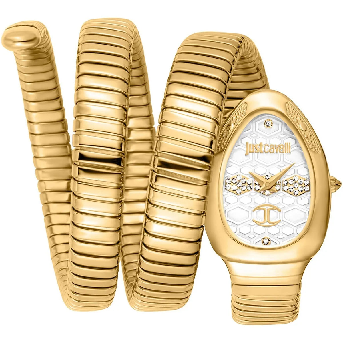 Just Cavalli Cosenza silver dial gold stainless steel triple-wrap snake strap women's watch