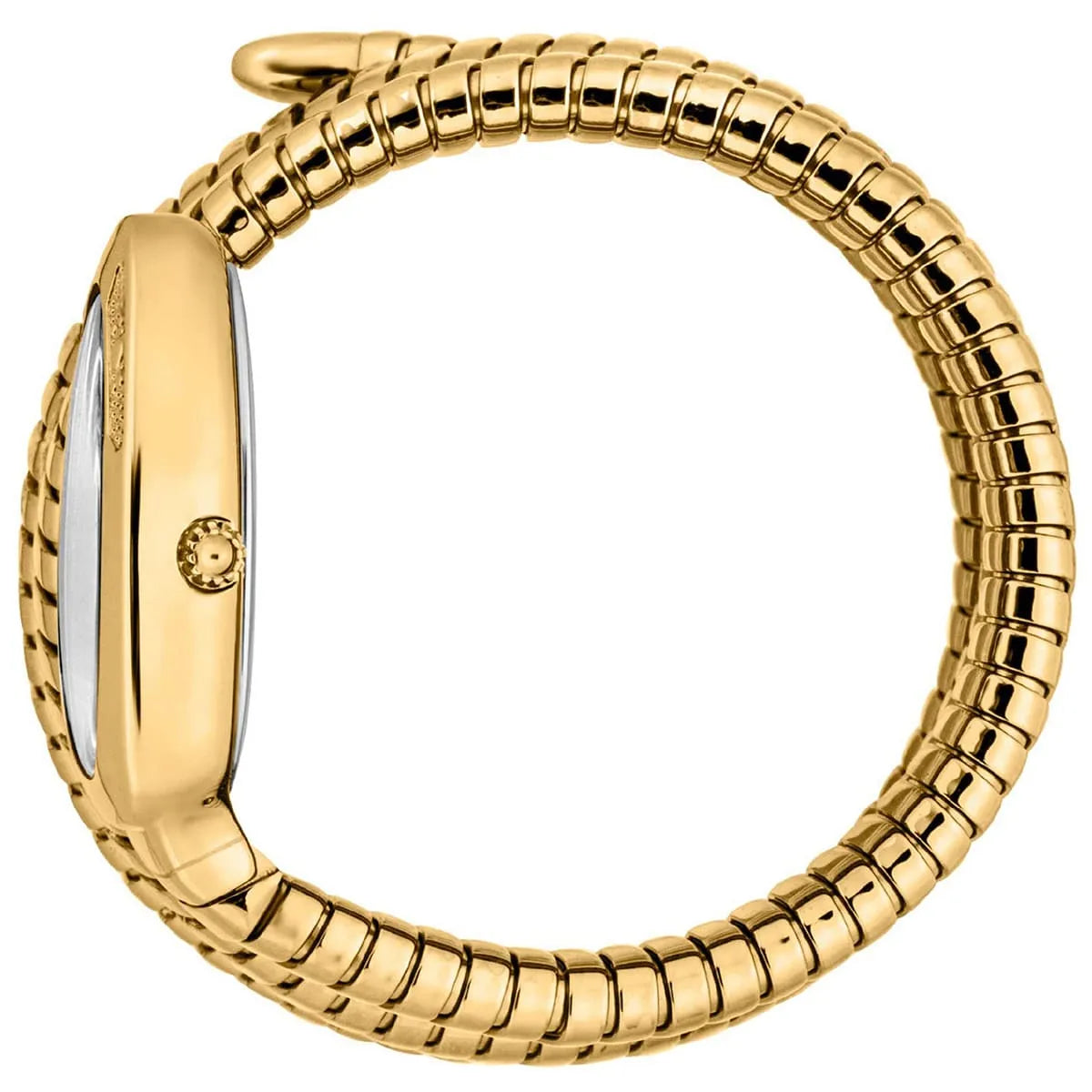 Just Cavalli Cosenza watch side view showing segmented gold steel case and snake strap