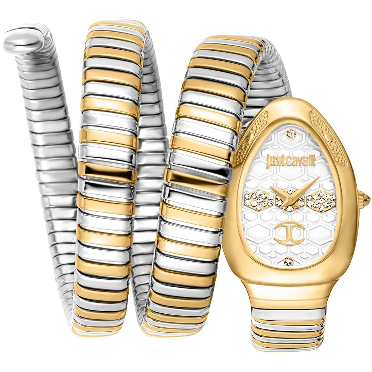 Just Cavalli Signature Snake women's watch with silver dial, two-tone gold and silver stainless steel case and triple-wrap snake bracelet