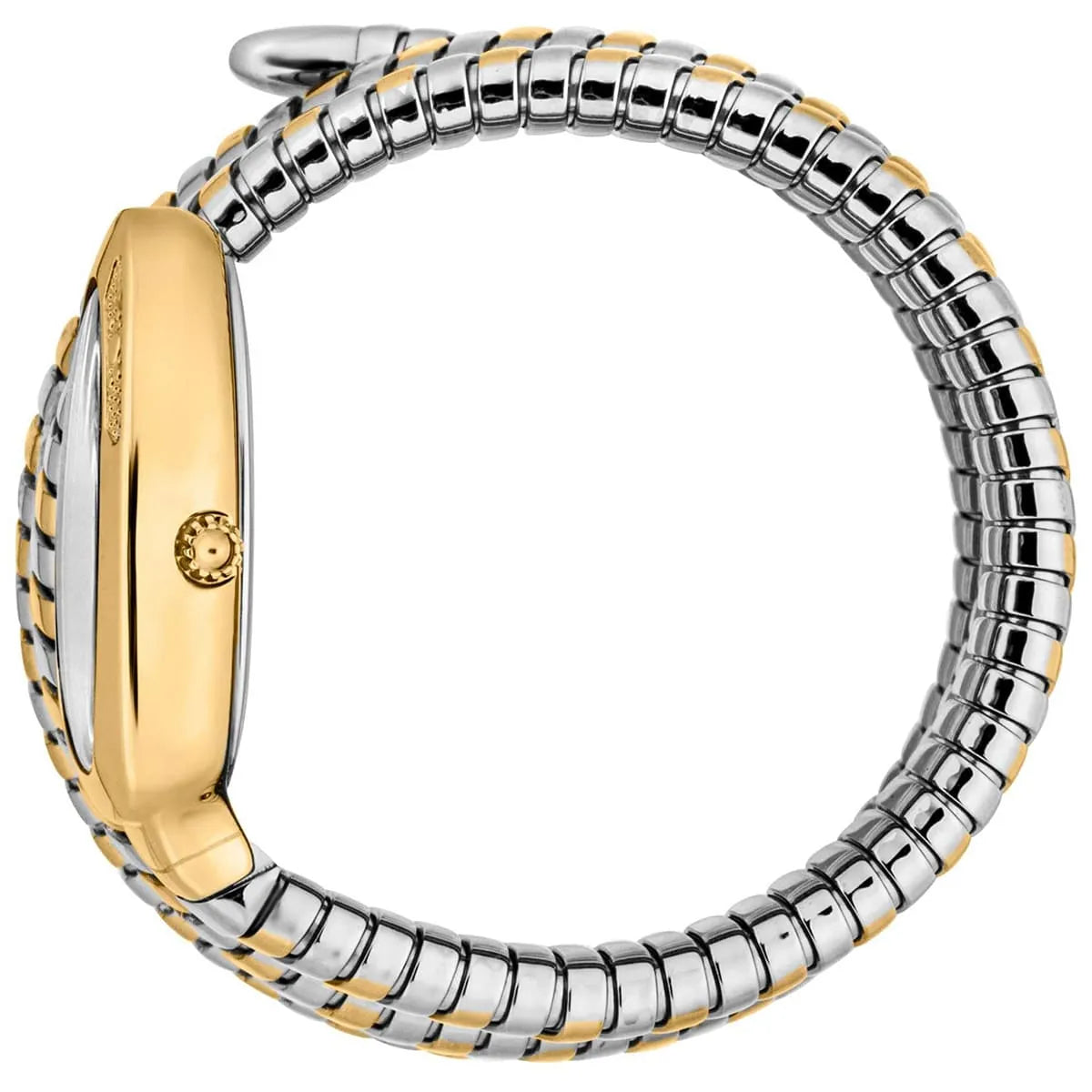 Just Cavalli Signature Snake watch side view showing two-tone case and triple-wrap snake bracelet