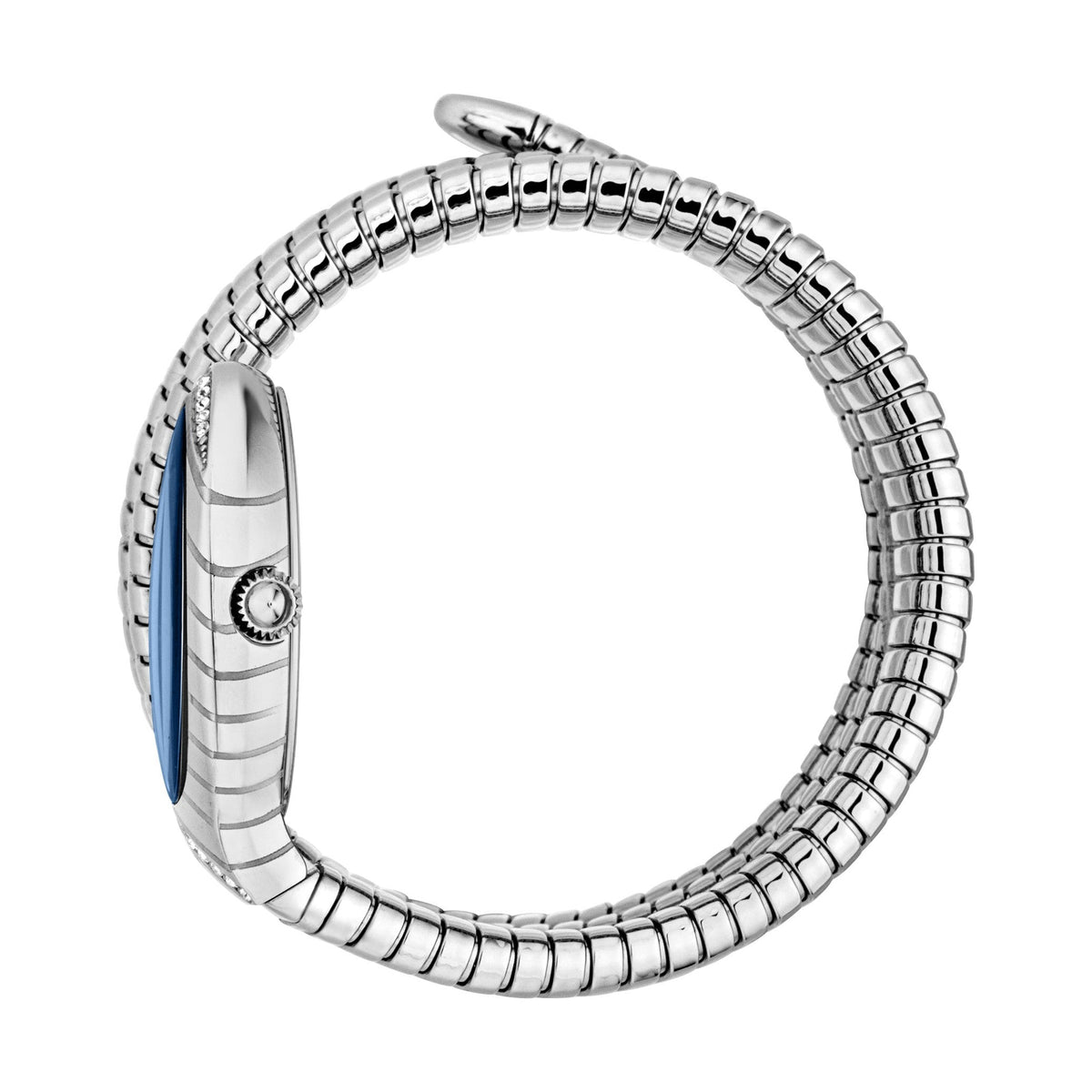 Side view of Just Cavalli watch with silver coiled strap and blue dial visible