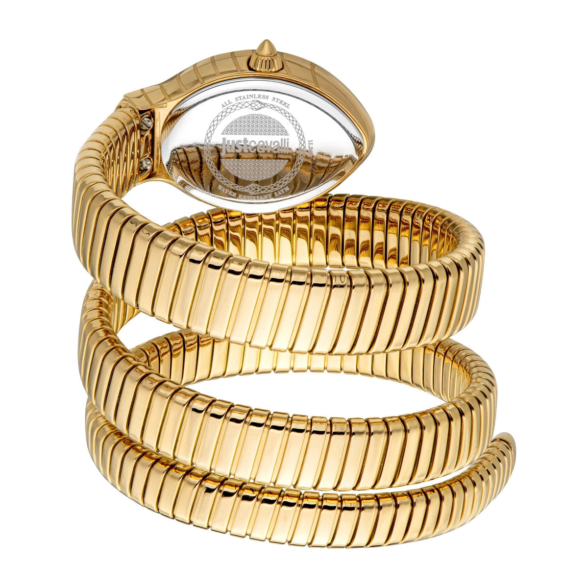 Angular view of Just Cavalli snake wrap watch with triple bracelet coils and visible caseback