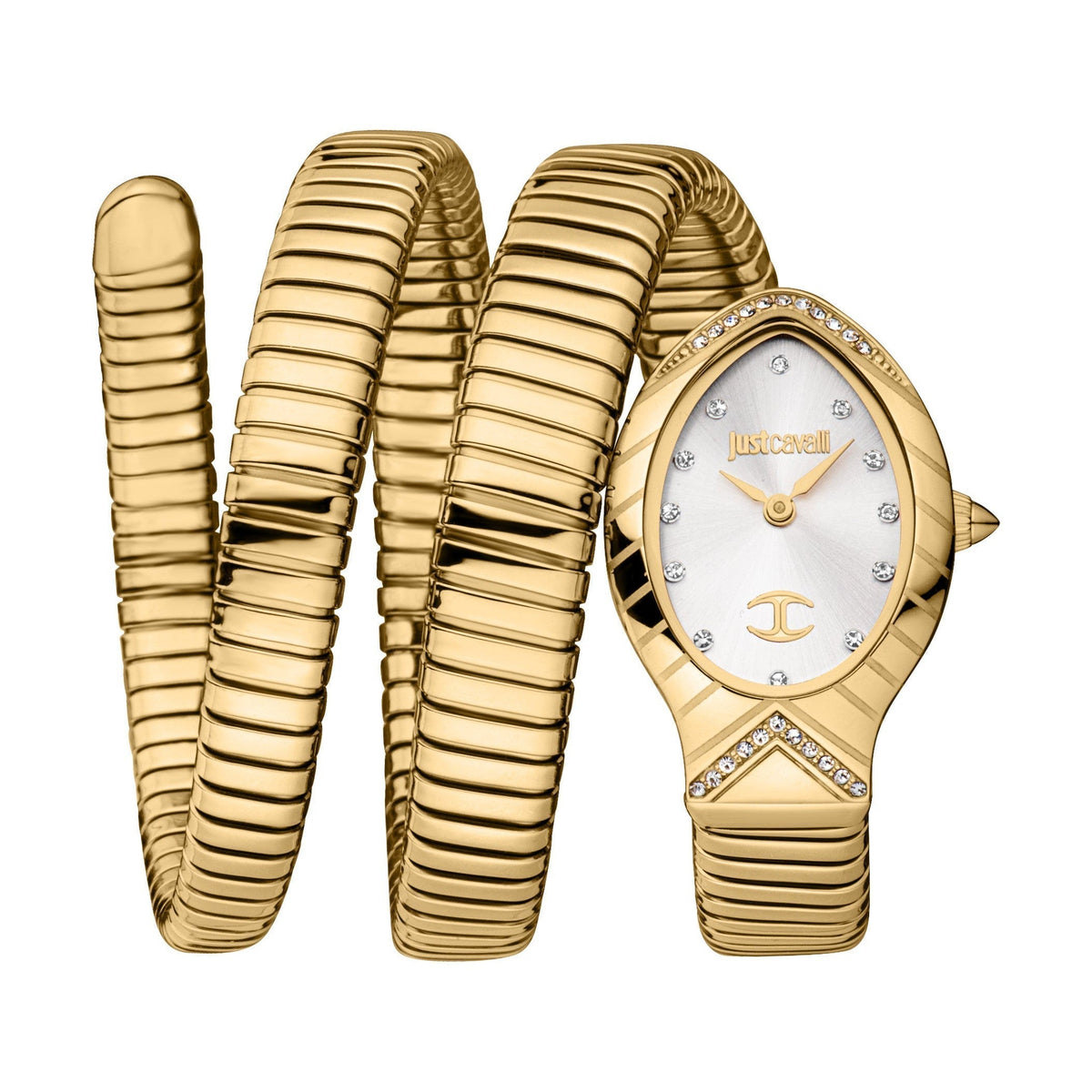 Just Cavalli gold-tone women's watch with oval dial, crystal accents, and triple wrap snake bracelet