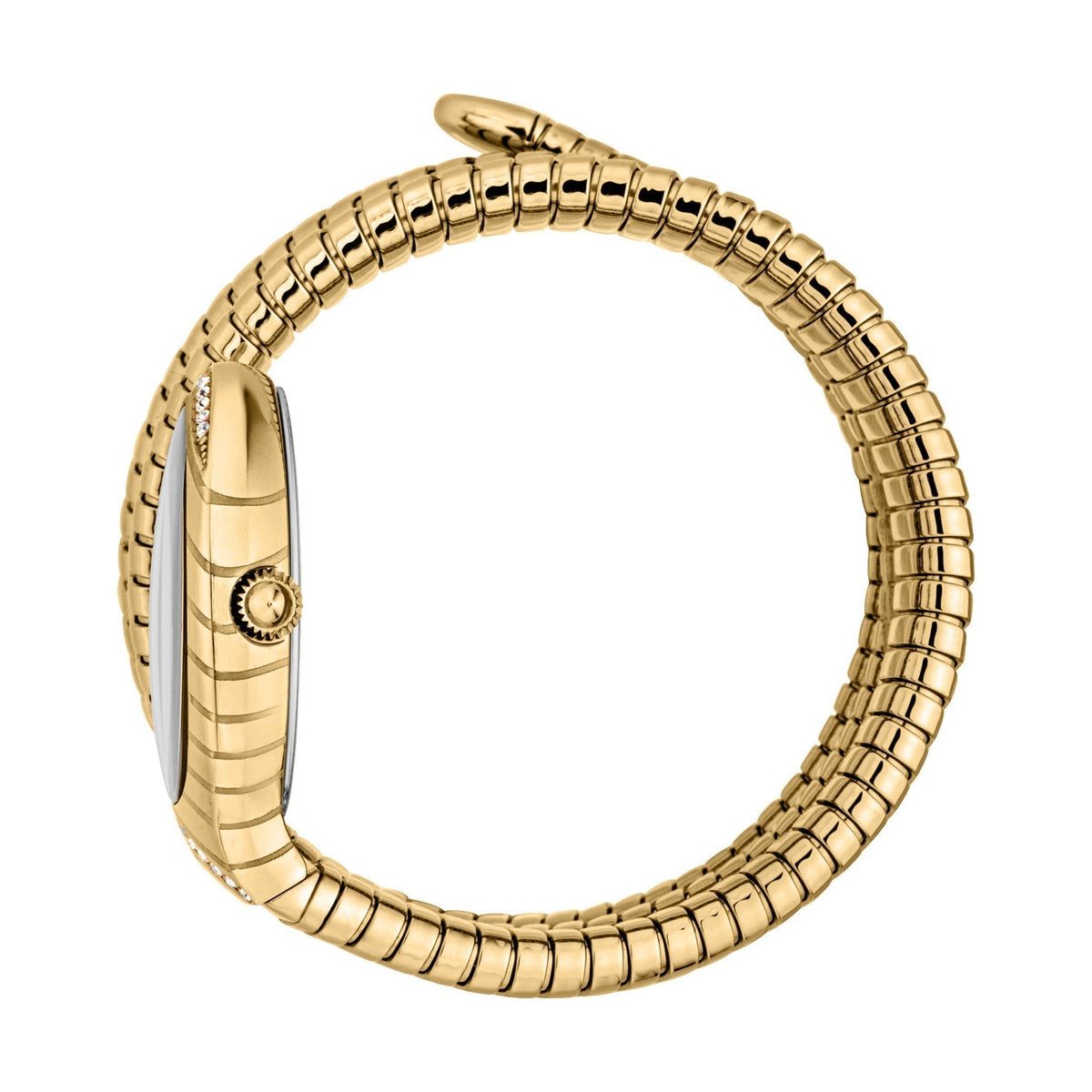 Side view of Just Cavalli watch showing gold segmented snake bracelet design