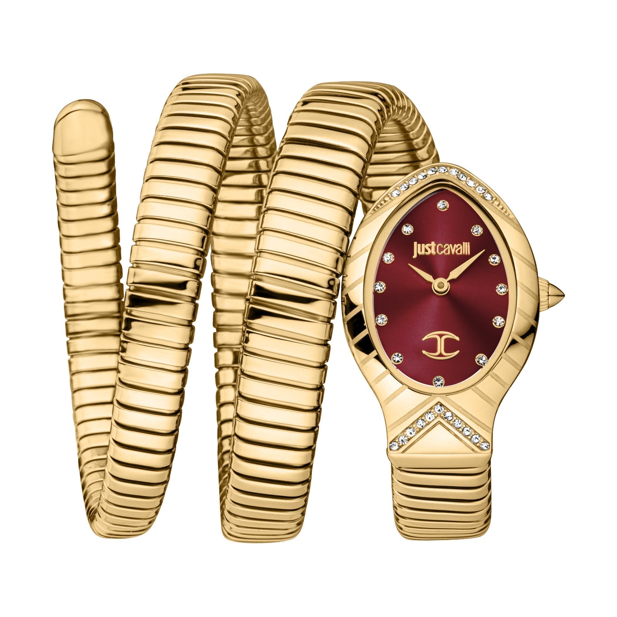 Just Cavalli Classico Lungo gold steel watch with red dial and snake-style gold strap