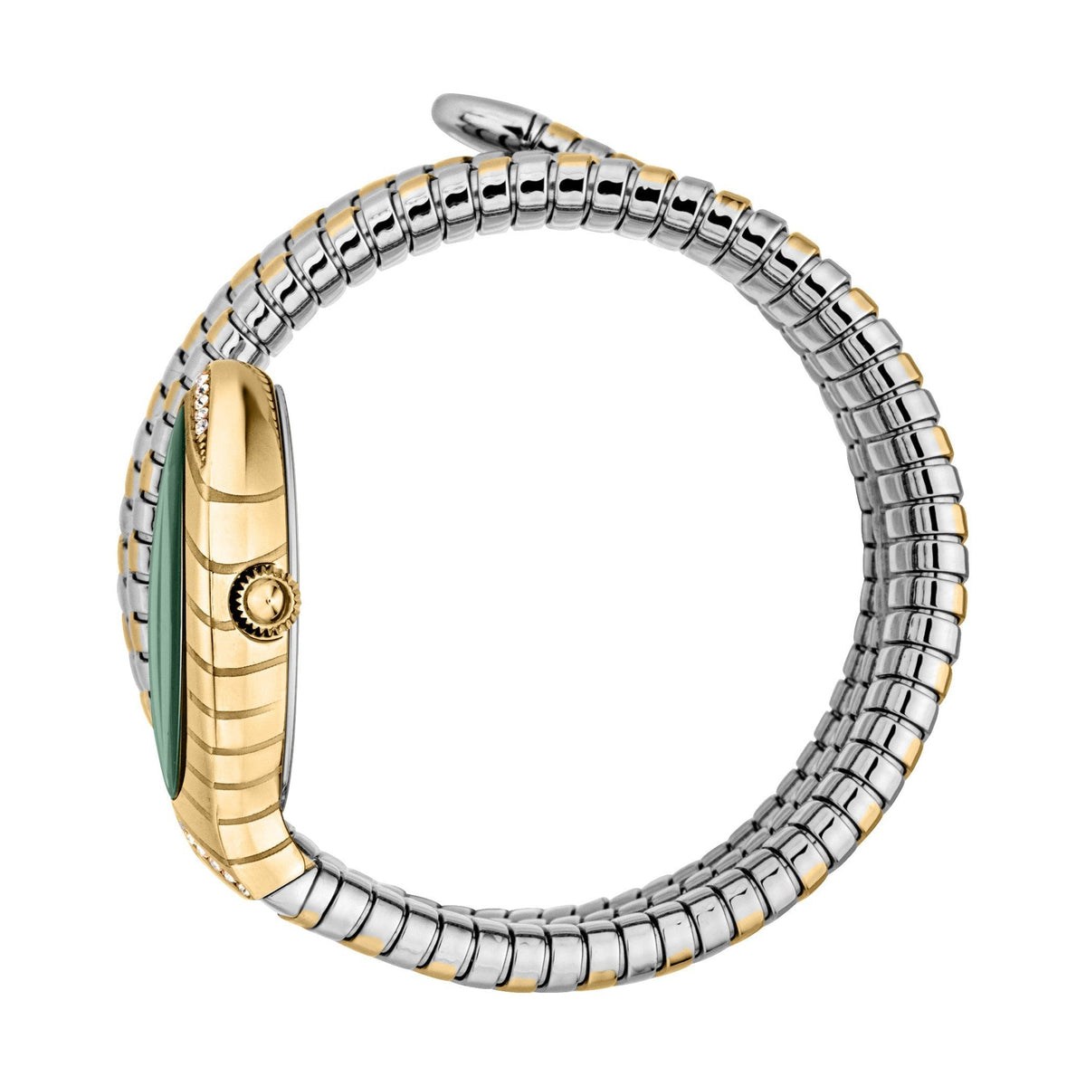 JC1L248M0065 watch worn on wrist showing side profile and two-tone spiral bracelet