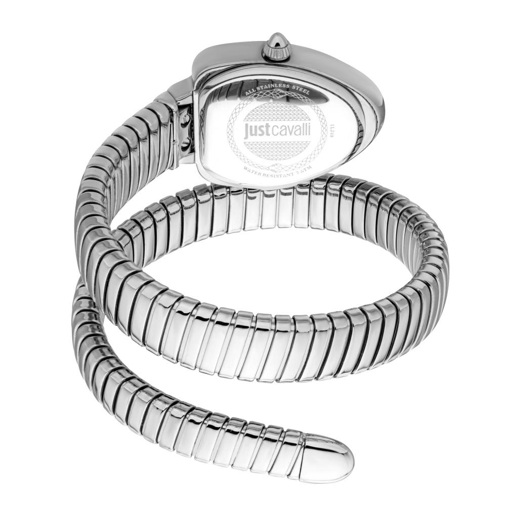 Just Cavalli Snake watch case back and flexible snake-link stainless steel band detail
