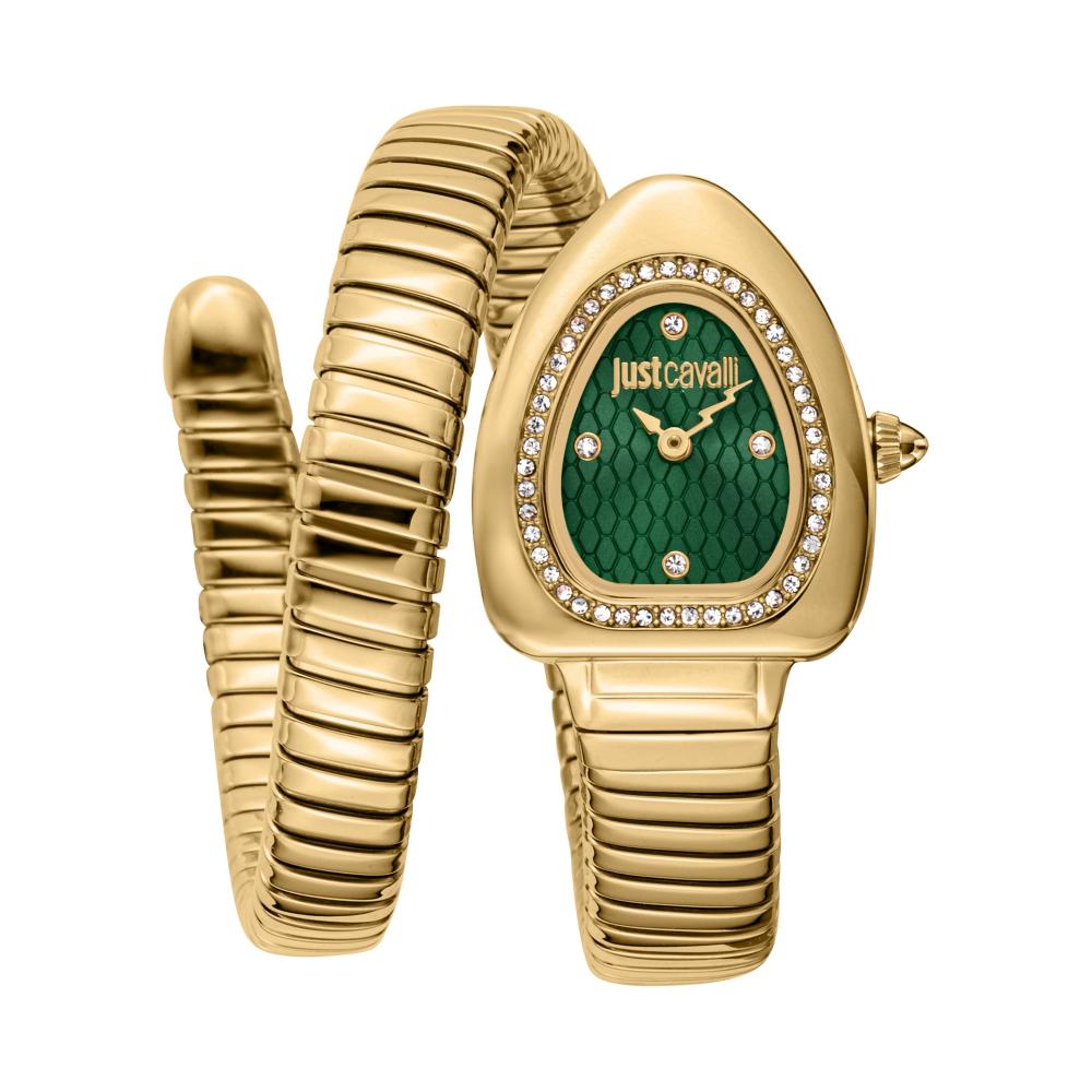 Gold Just Cavalli Snake women's watch with green dial, crystal bezel, and coiled snake bracelet