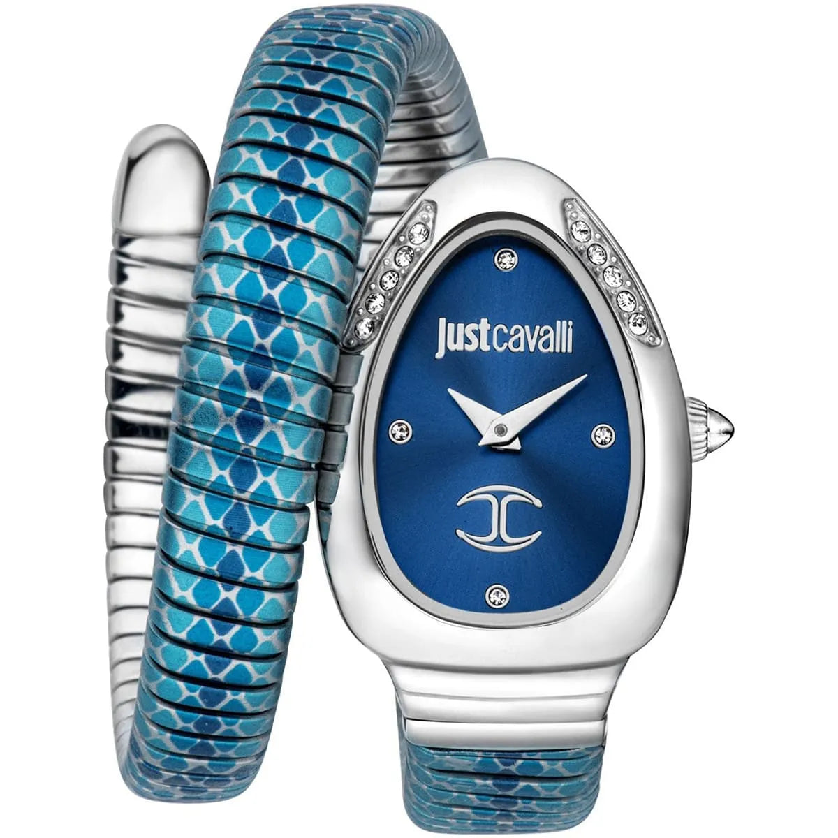 Just Cavalli Glam Snake women's watch with blue oval dial, stainless steel case, and blue snake-textured double-wrap bracelet