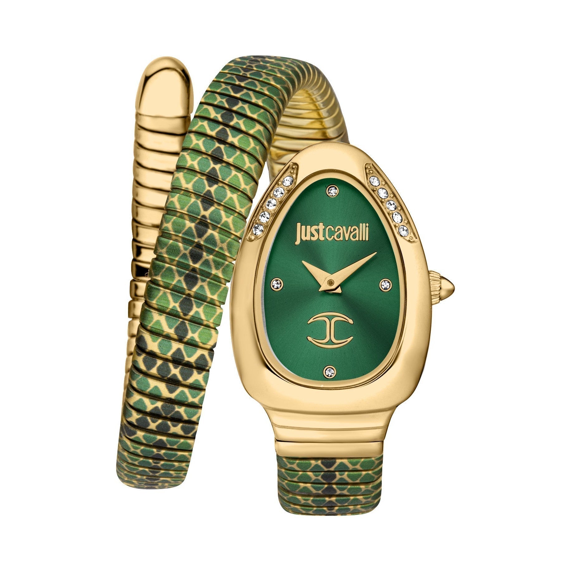 Just Cavalli women's watch with green dial, gold case, and green patterned strap on white background