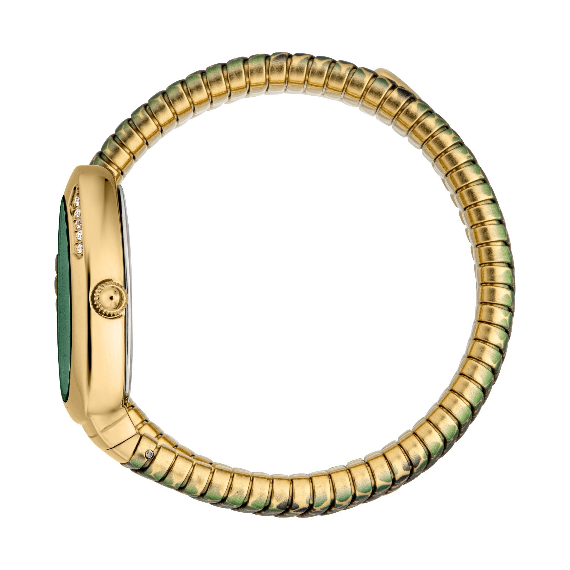Just Cavalli women's watch with green dial worn on wrist, showing coiled green and gold strap design