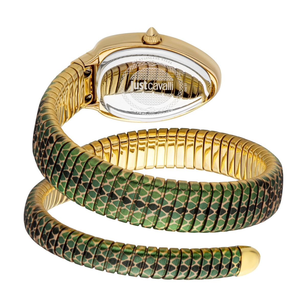 Just Cavalli women's watch coiled serpent-style strap with green and gold pattern, front and back view