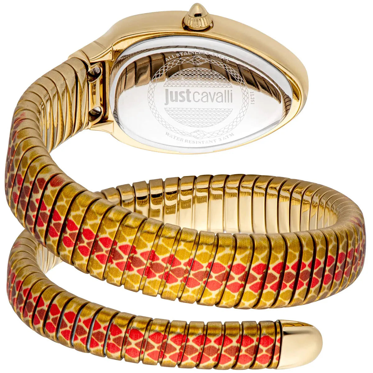 Just Cavalli watch caseback showing engraved logo and snake strap wrapped around glass back