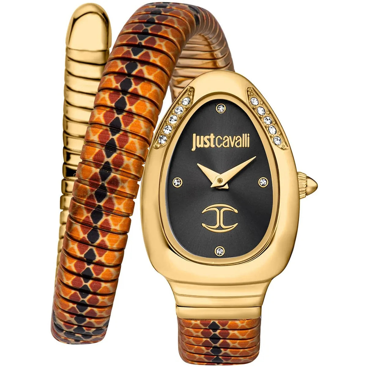Just Cavalli women's quartz watch with black dial, gold case, and snake-pattern wrap strap with crystals